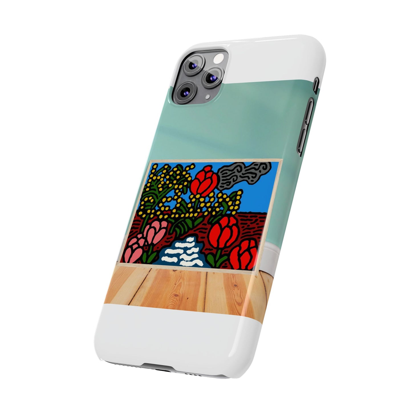 A field of tulips next to a wattle Slim Phone Case
