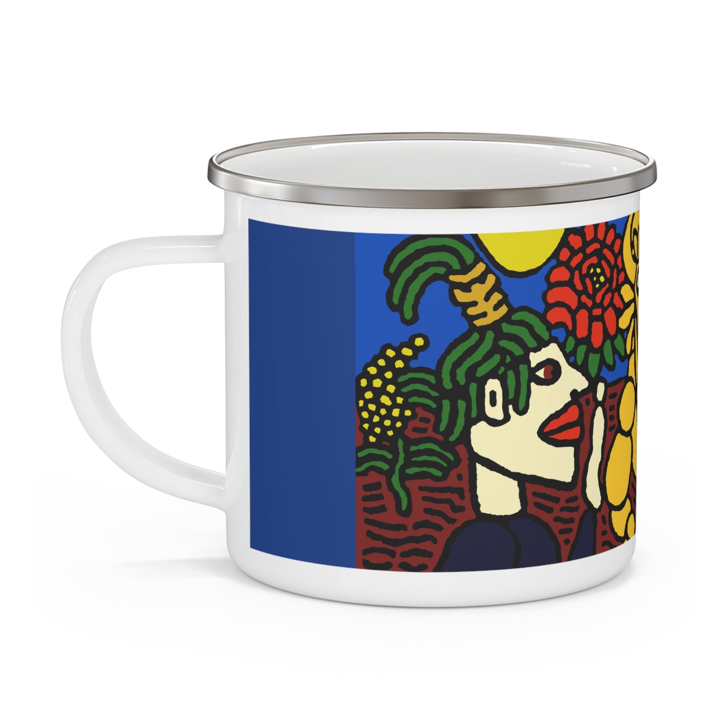Enamel Camping Mug — Colorful Folk Art Totem Design, Outdoor Coffee Cup - The warrior hailing the mighty golden dragon