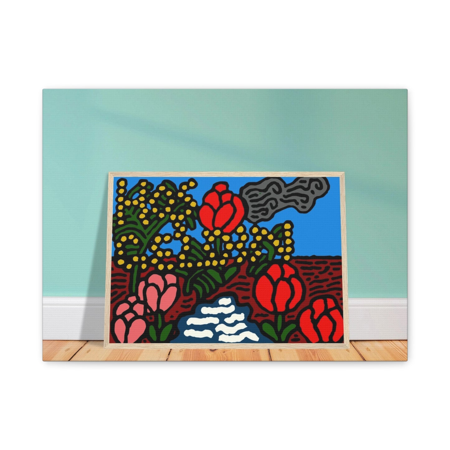 A field of tulips next to a wattle Canvas (Small)
