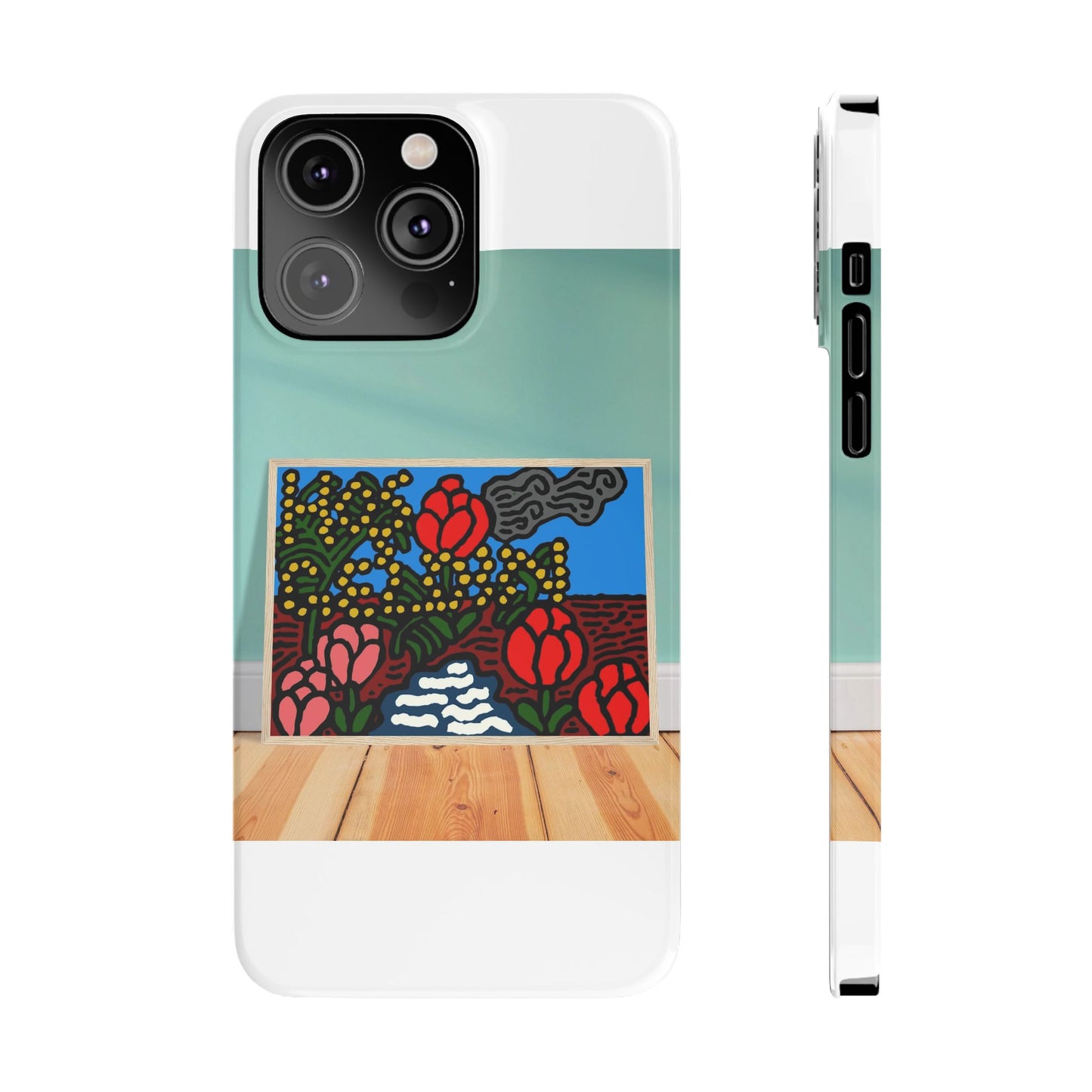 A field of tulips next to a wattle Slim Phone Case