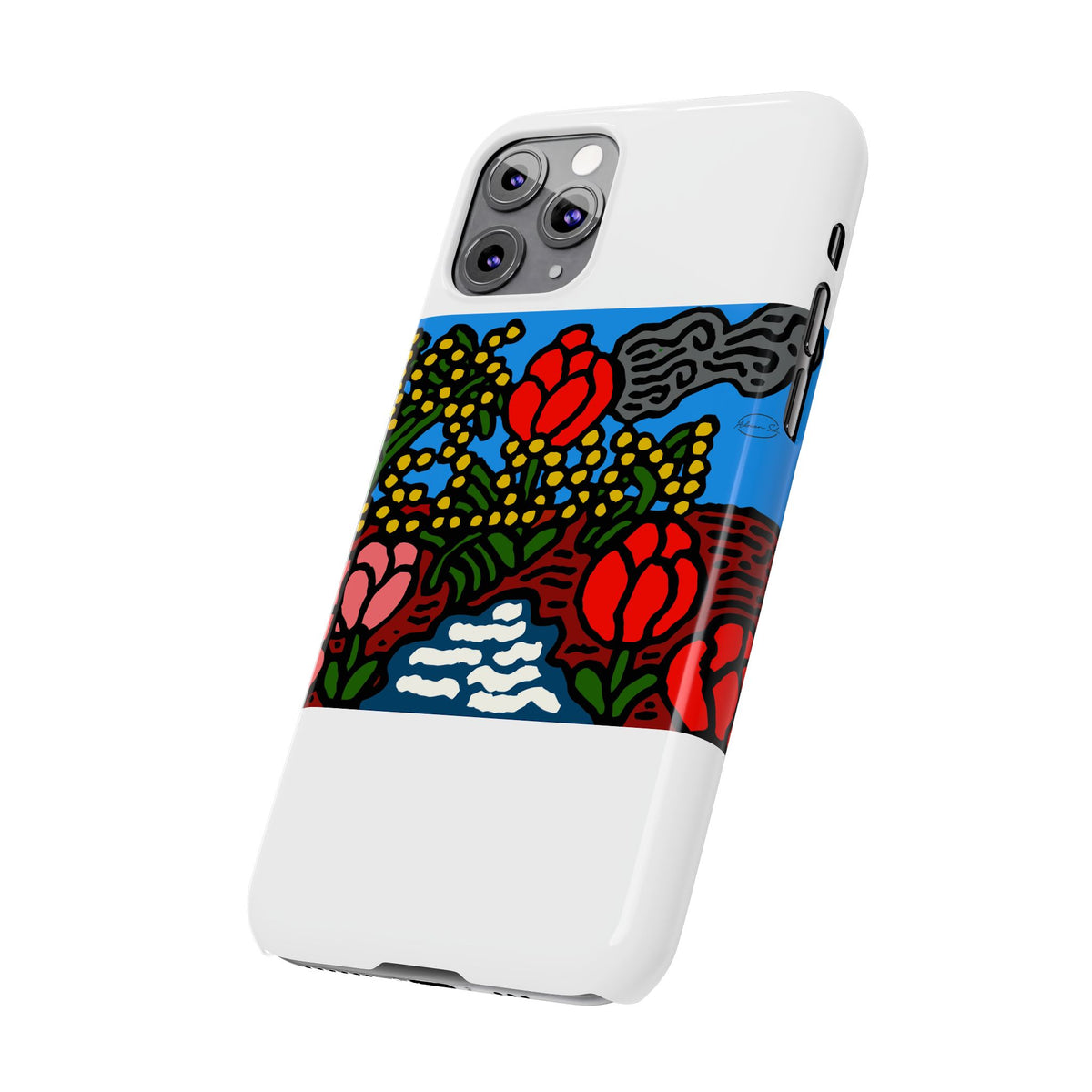 A field of tulips next to a wattle Slim Phone Case