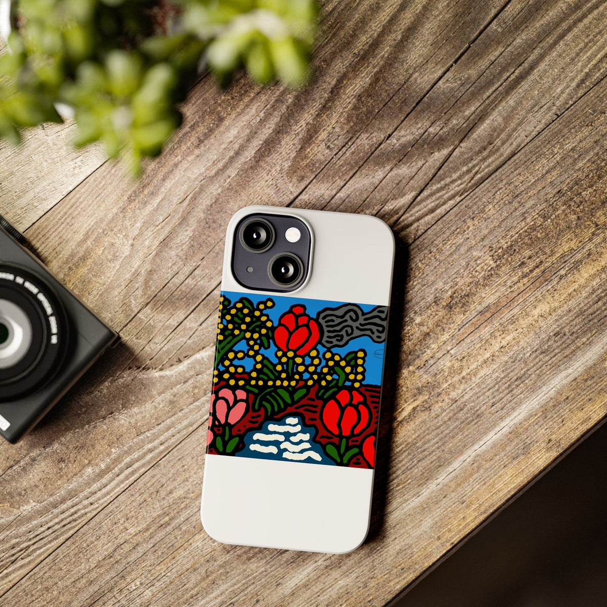 A field of tulips next to a wattle Slim Phone Case