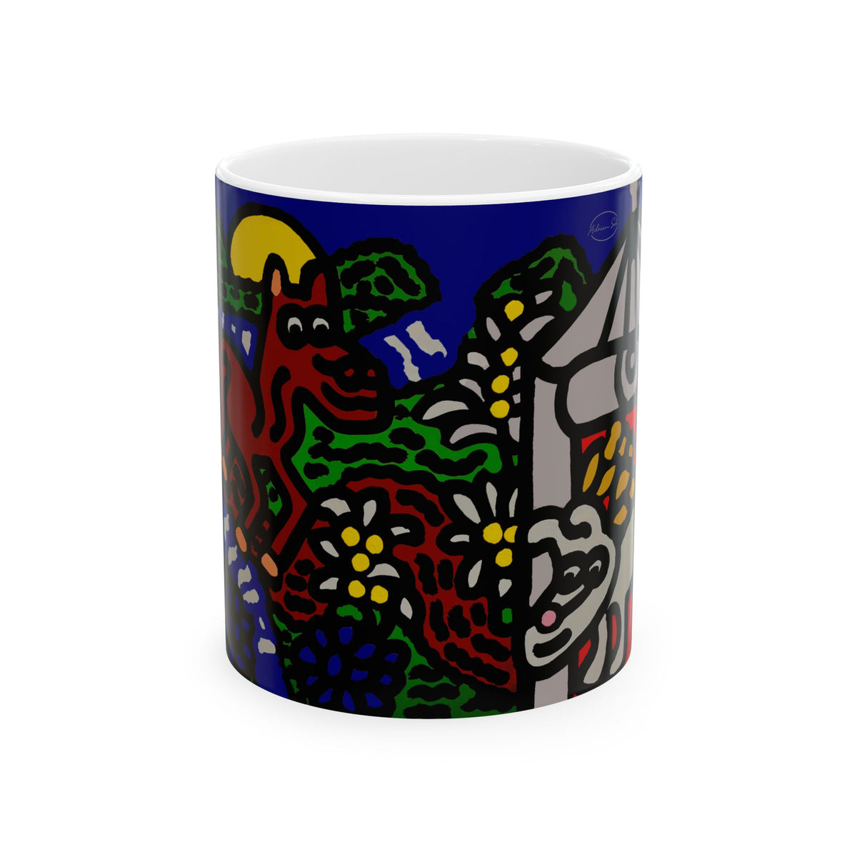 Bunny welcoming a friendly horse on his journey Ceramic Mug