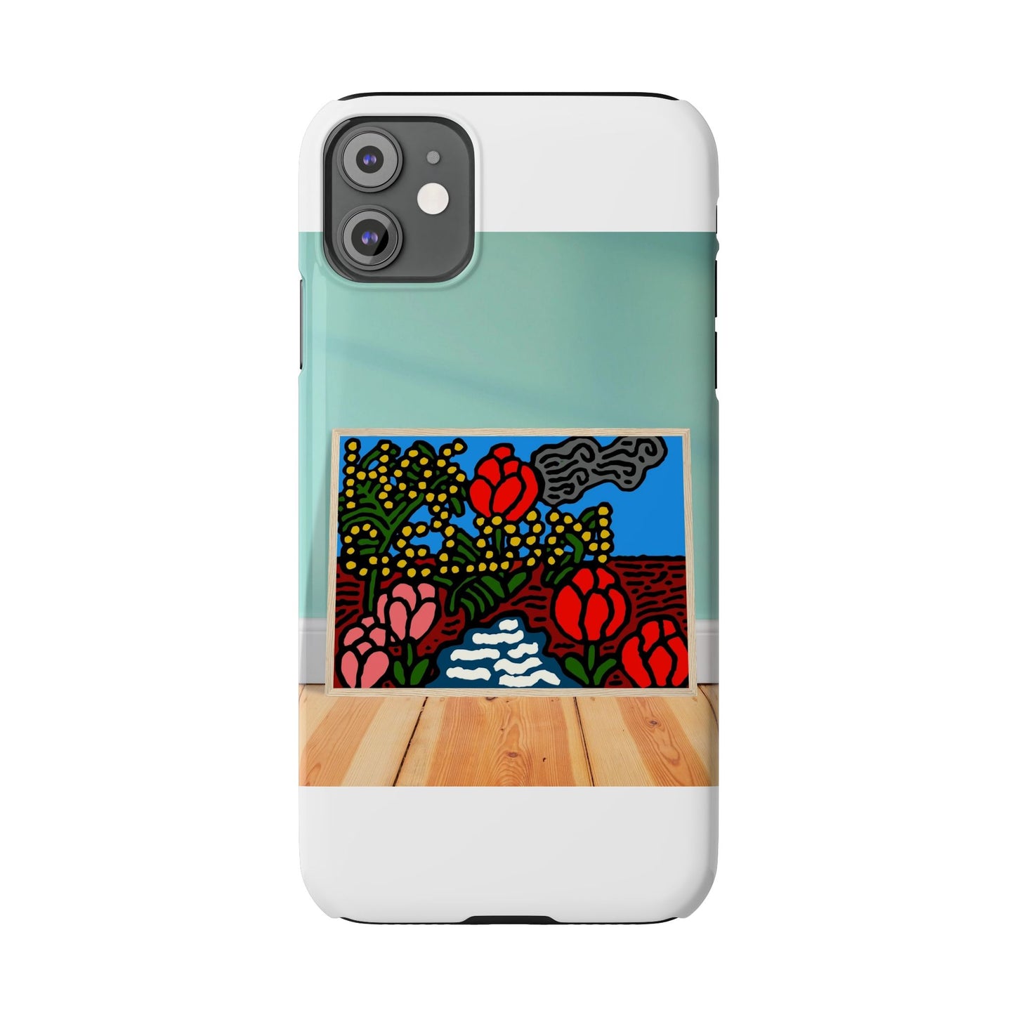 A field of tulips next to a wattle Slim Phone Case