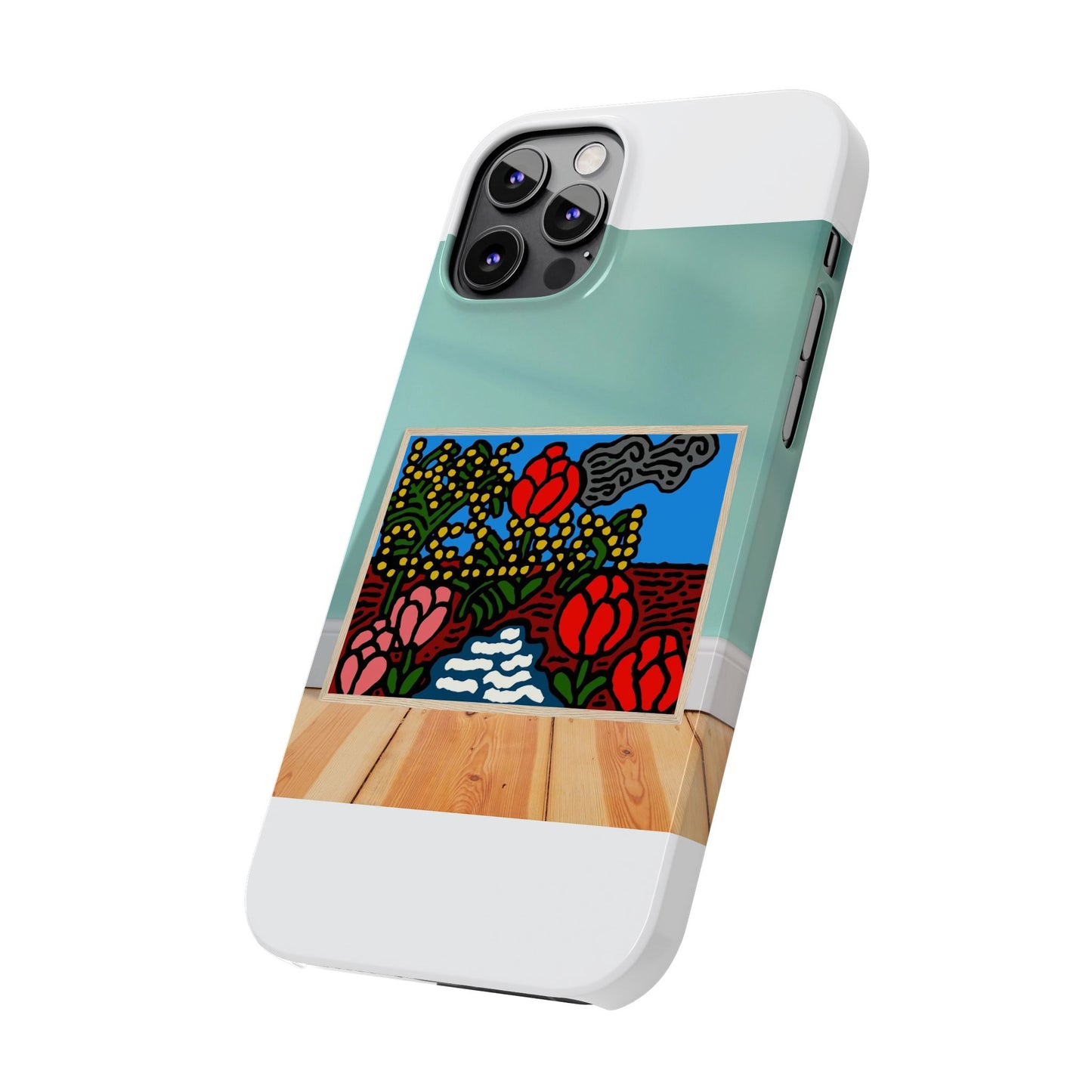 A field of tulips next to a wattle Slim Phone Case