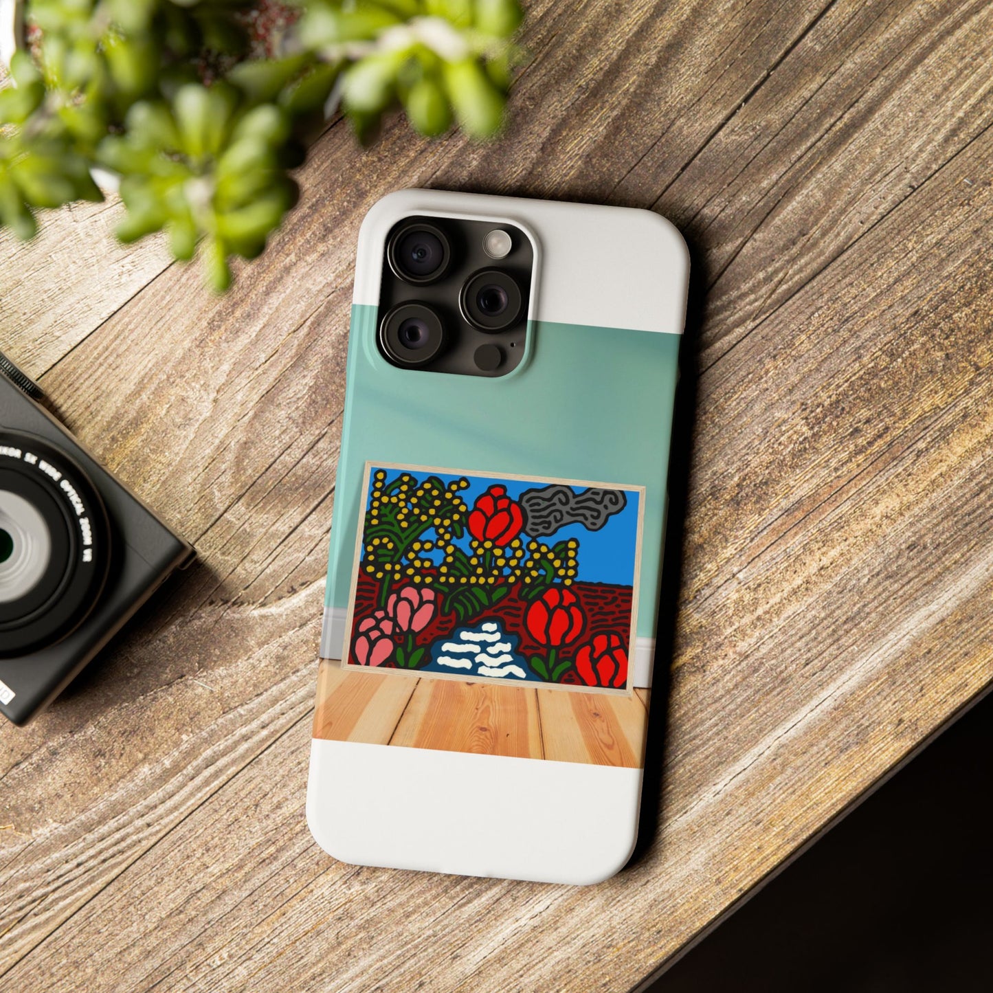 A field of tulips next to a wattle Slim Phone Case