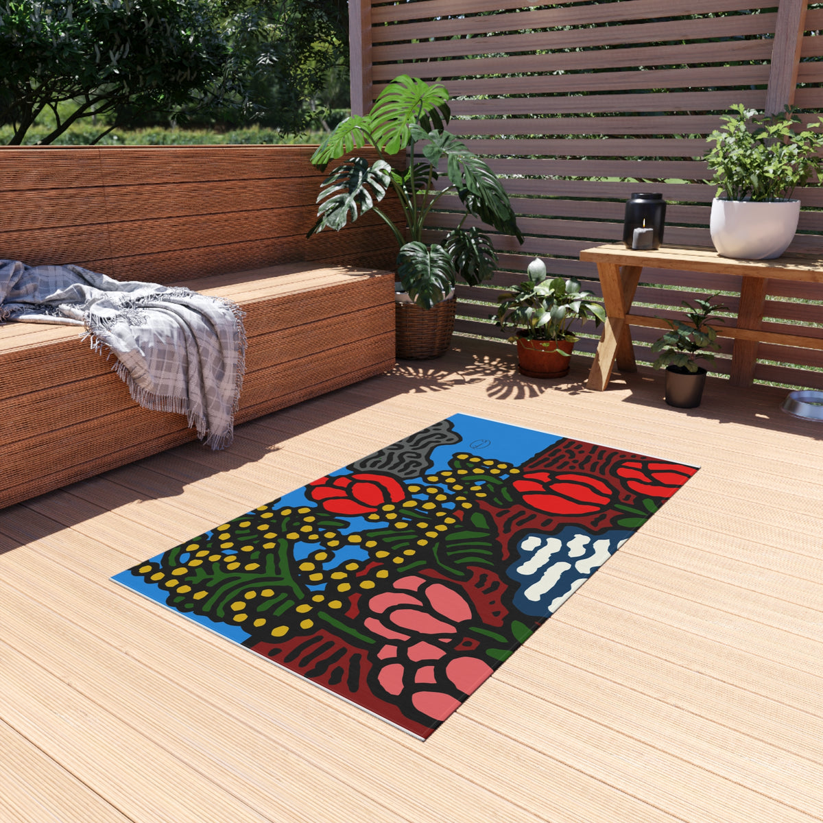 A field of tulips next to a wattle — Outdoor Rug