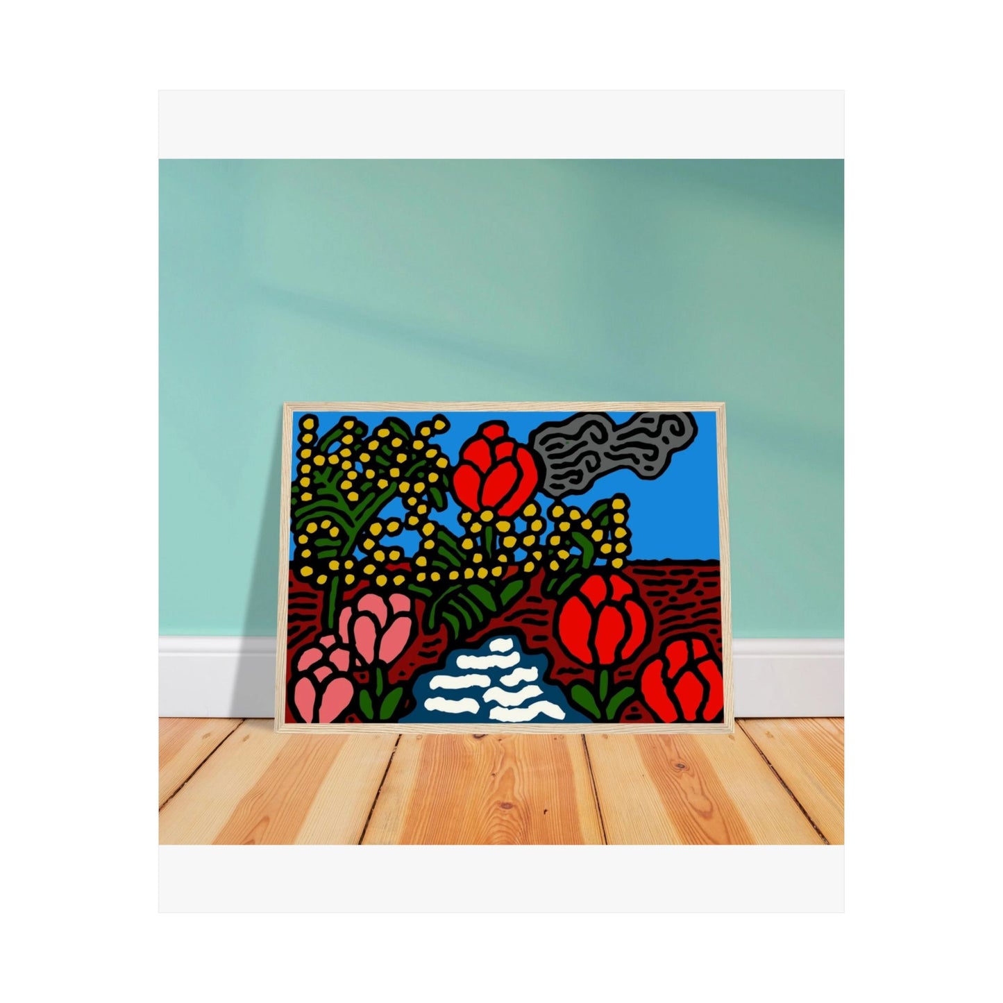 A field of tulips next to a wattle Matte Poster Vertical (Large)