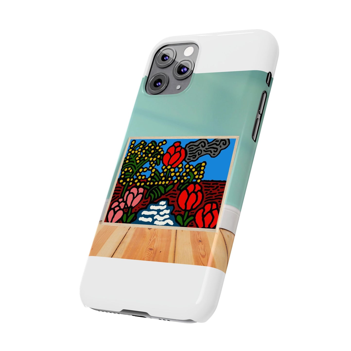A field of tulips next to a wattle Slim Phone Case
