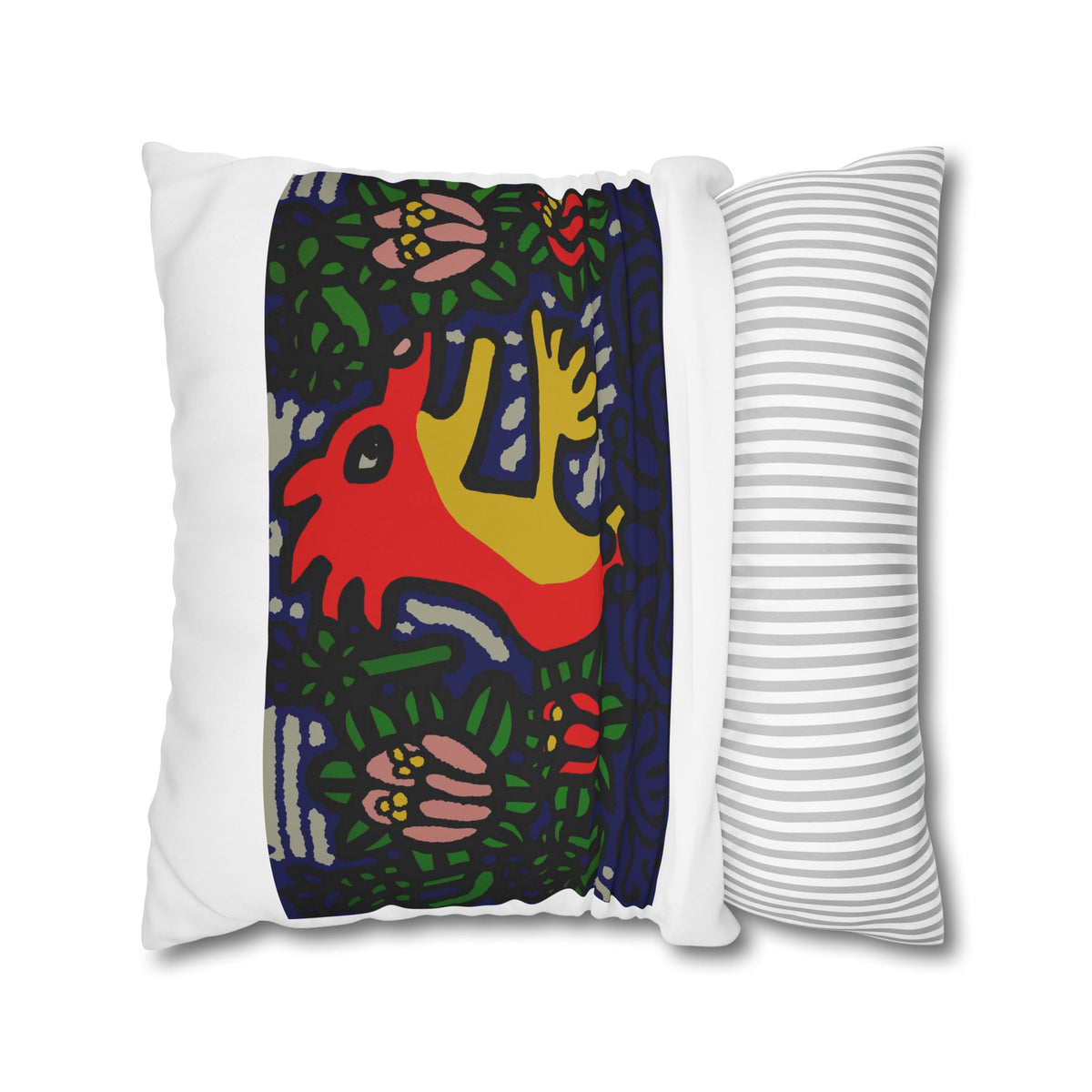Colorful Folk Art Fox Throw Pillowcase — Square Poly Canvas Decorative Pillow Cover - Breaking through the surface of a lotus pond.