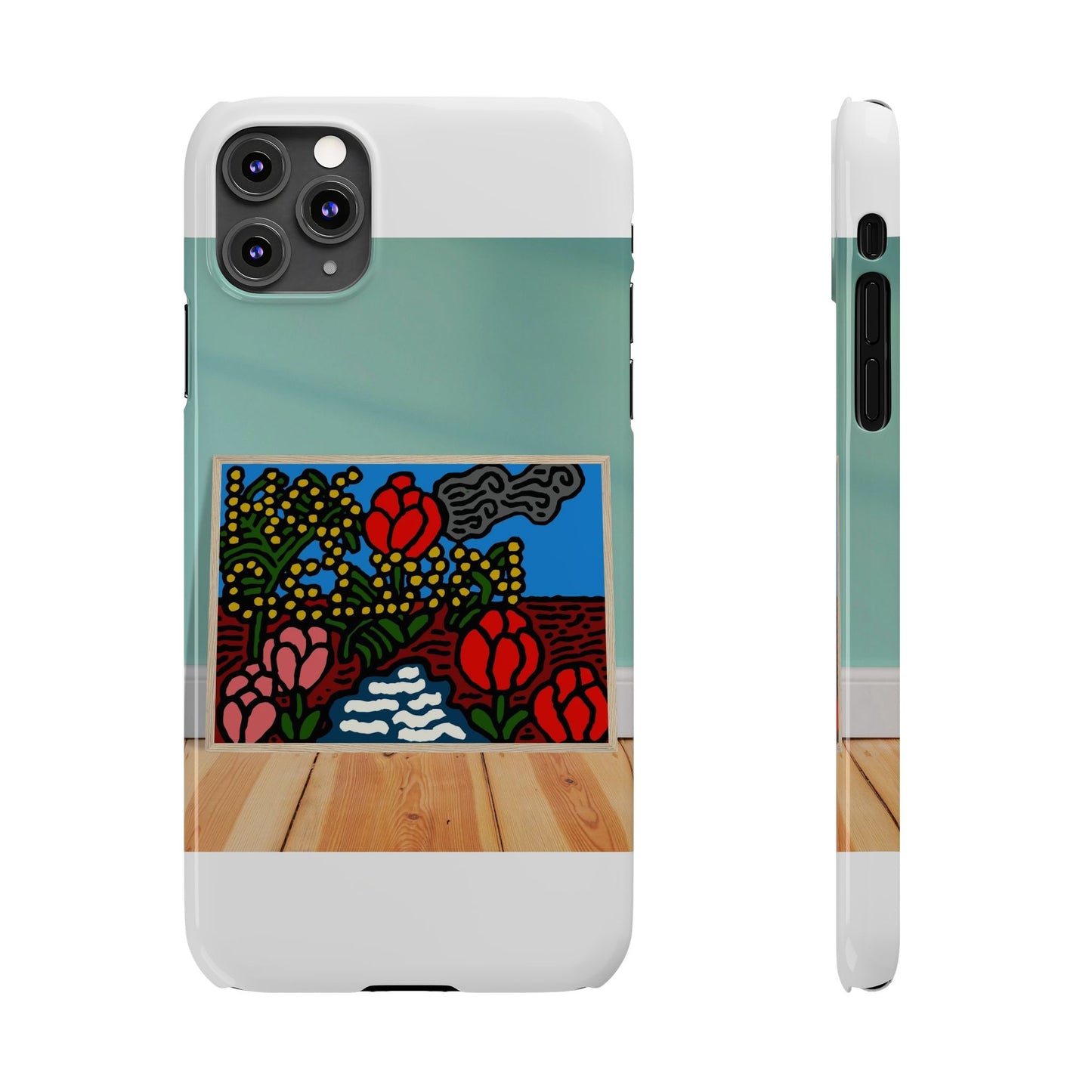 A field of tulips next to a wattle Slim Phone Case