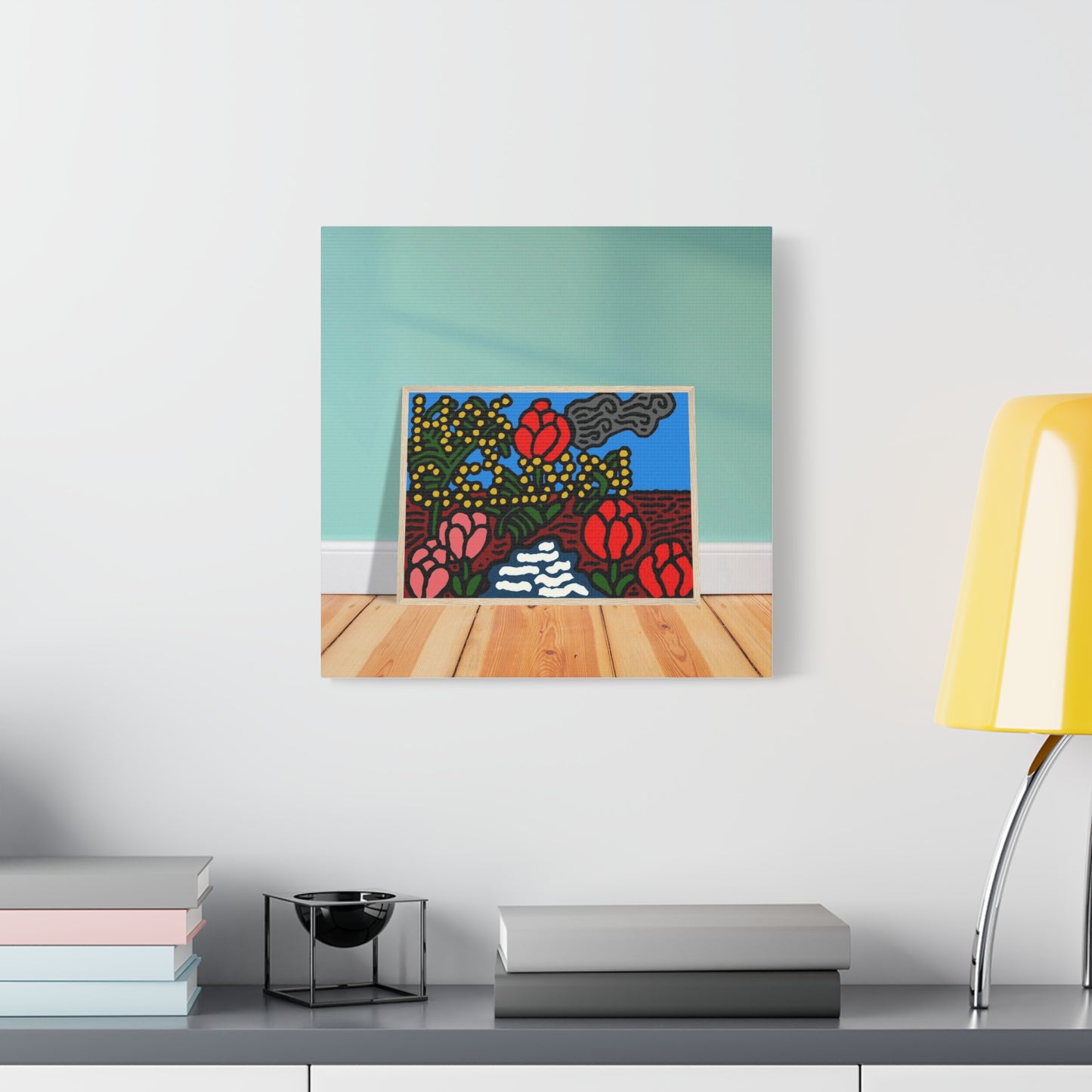 A field of tulips next to a wattle Canvas (Small)