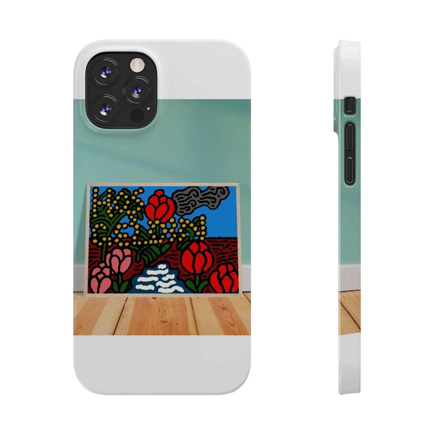 A field of tulips next to a wattle Slim Phone Case