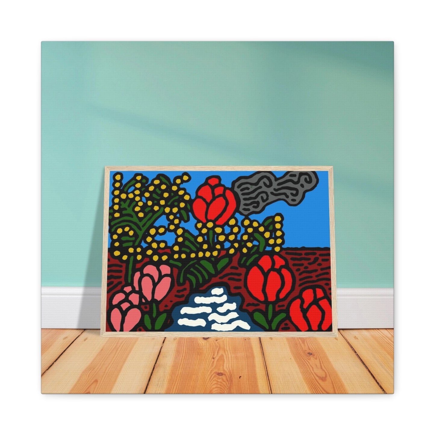 A field of tulips next to a wattle Canvas (Small)