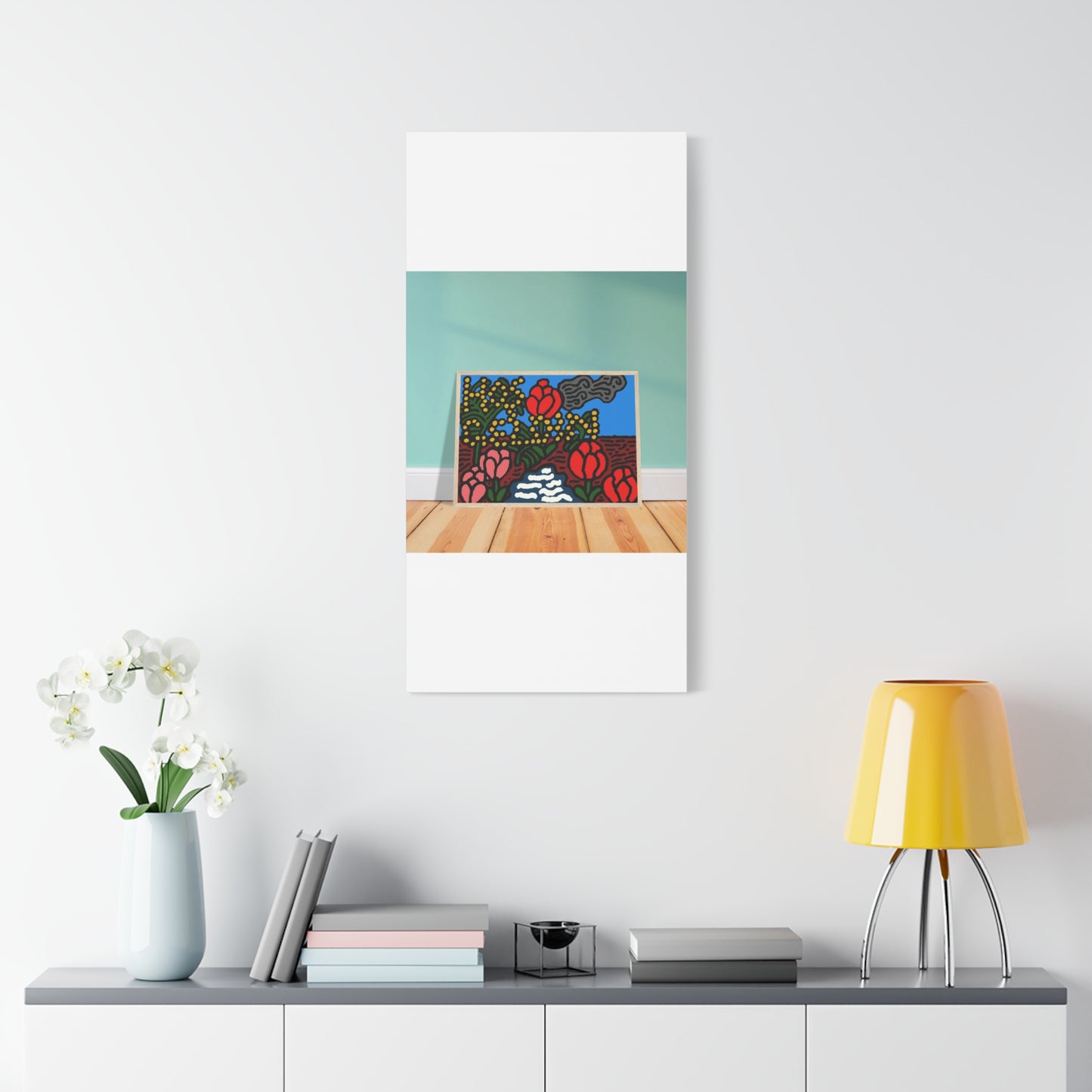 A field of tulips next to a wattle Canvas (Large)