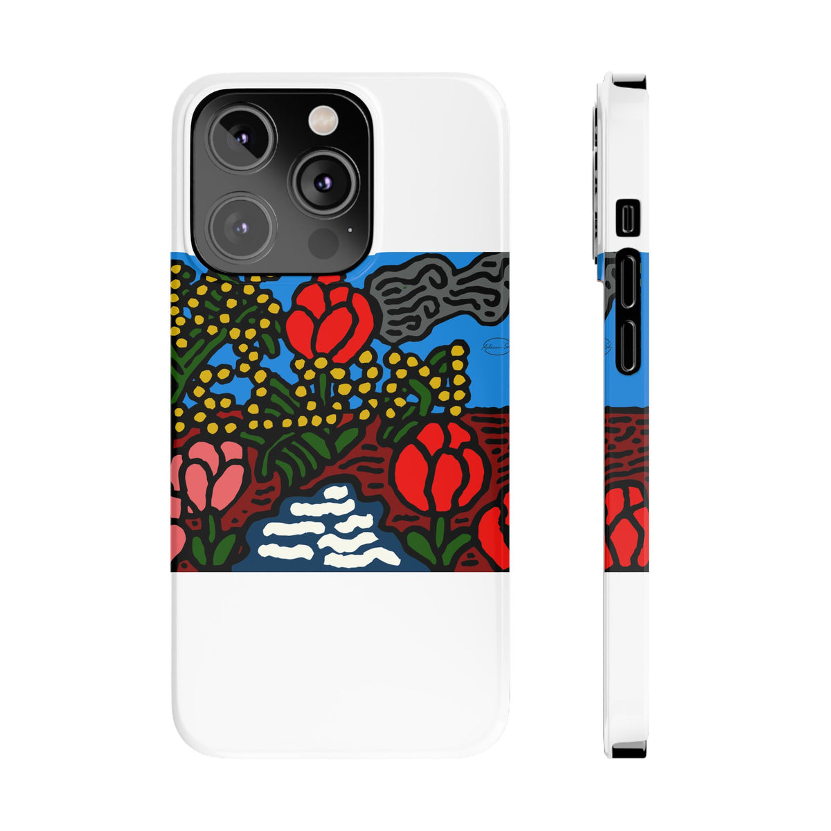 A field of tulips next to a wattle Slim Phone Case