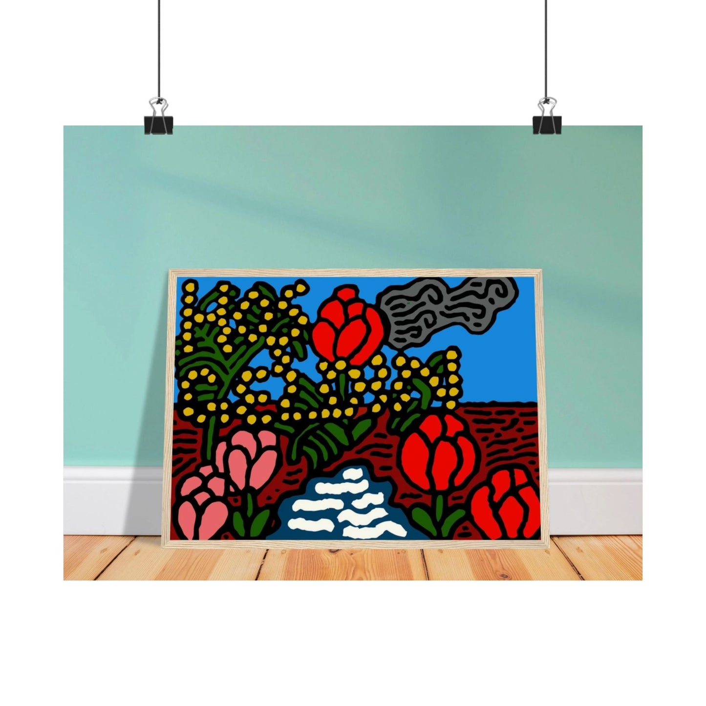 A field of tulips next to a wattle Matte Poster Horizontal (Small)