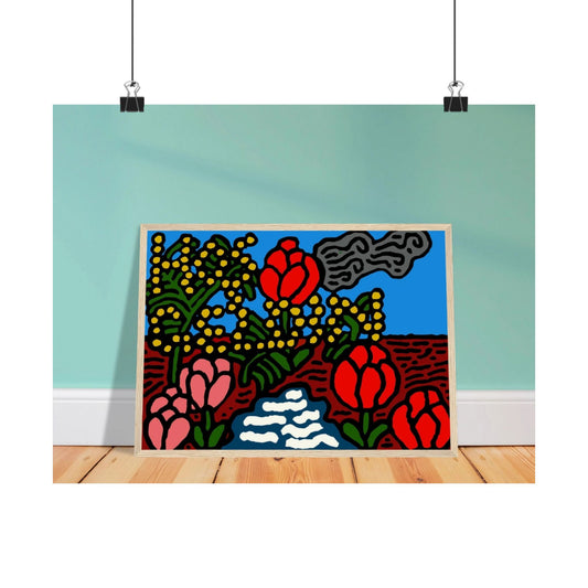 A field of tulips next to a wattle Matte Poster Horizontal (Small)