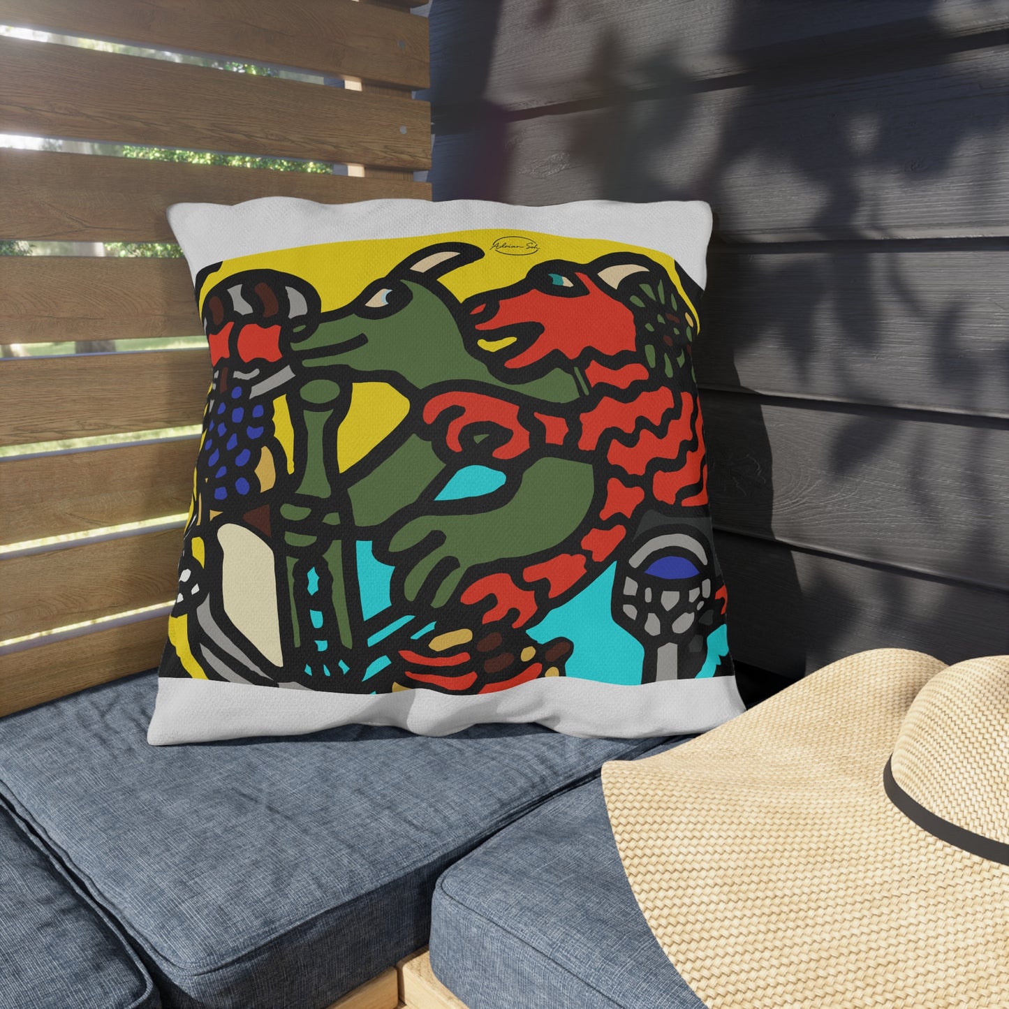 Two dragons enjoying a feast together — Outdoor Pillow