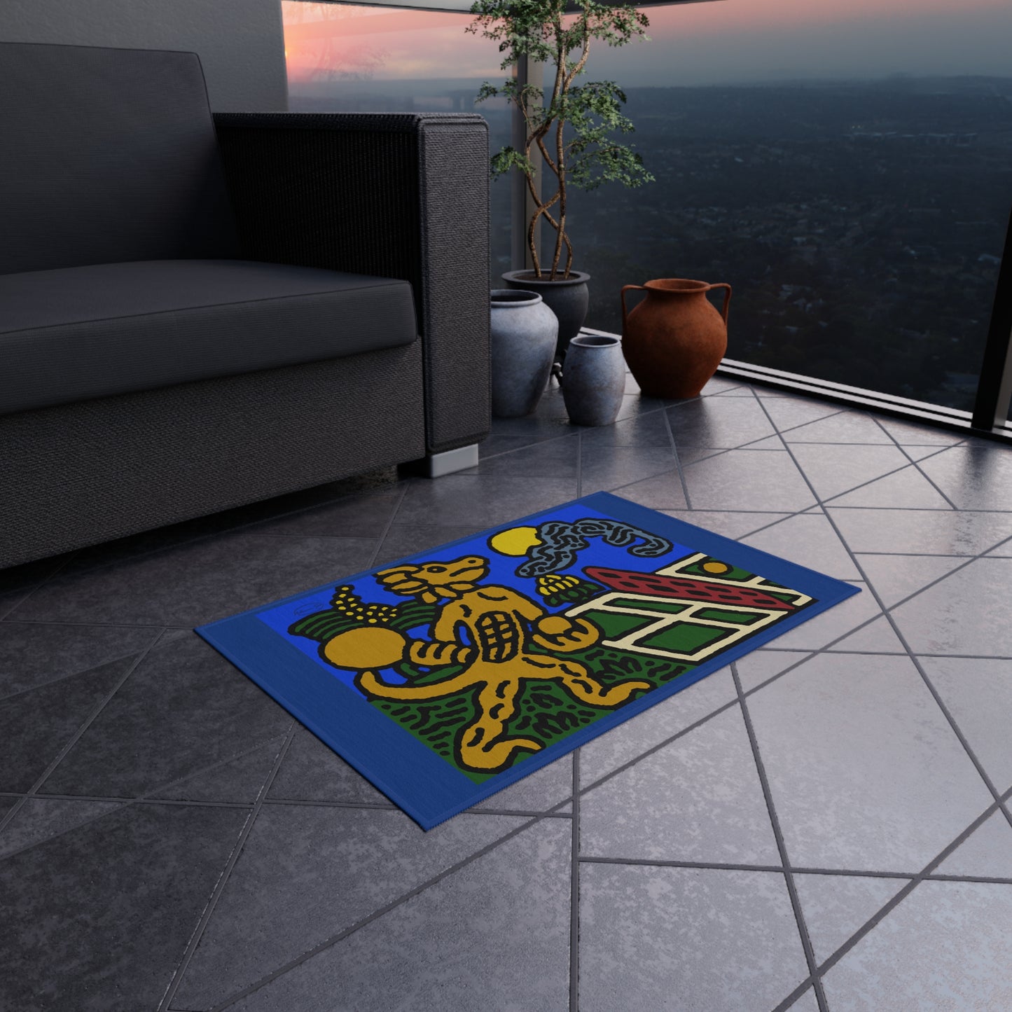 Blue Fiesta Outdoor Rug — Colorful Aztec Dog Design Doormat - Ready for making big serves in life