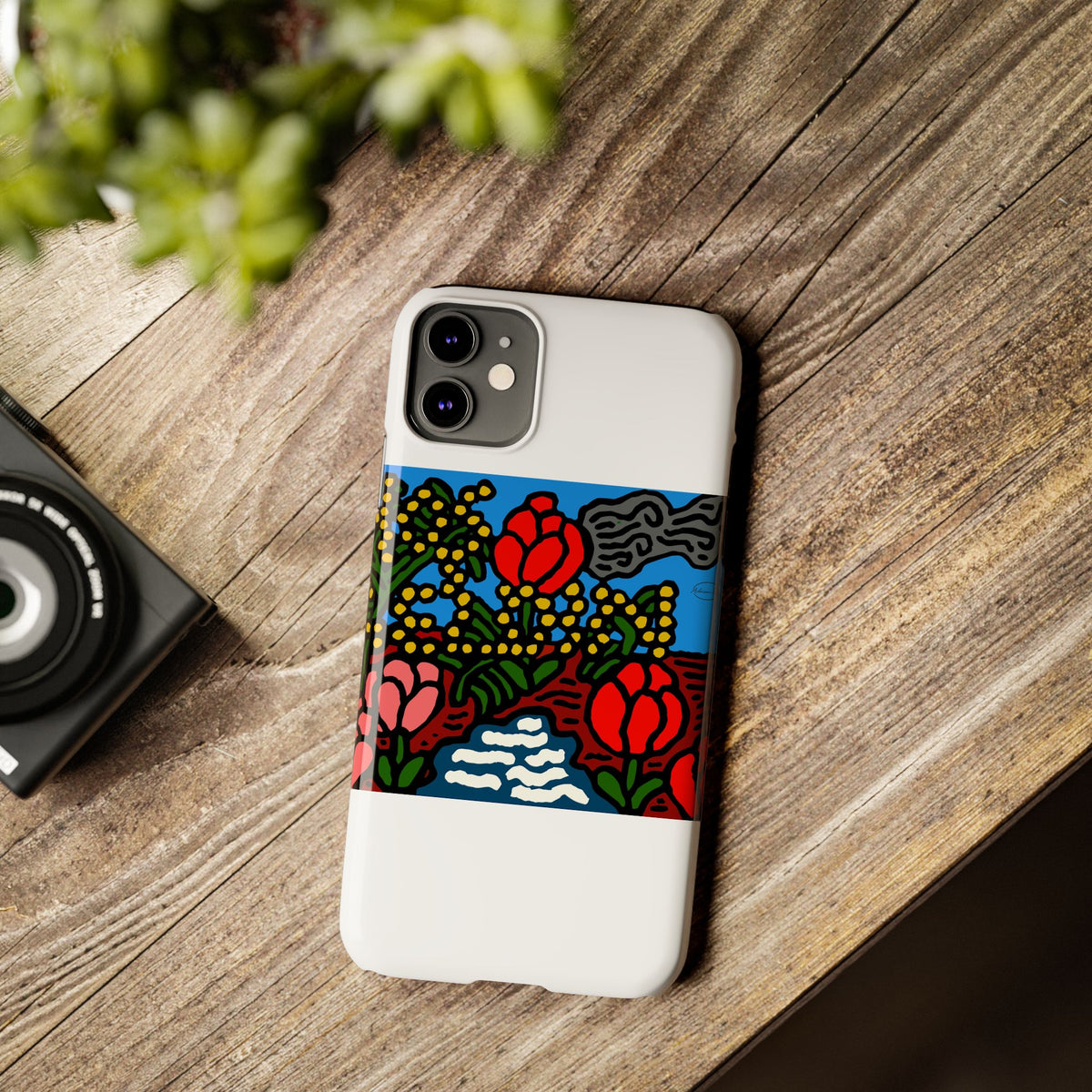 A field of tulips next to a wattle Slim Phone Case