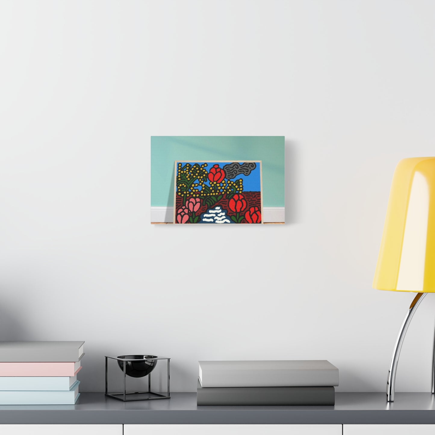 A field of tulips next to a wattle Canvas (Small)