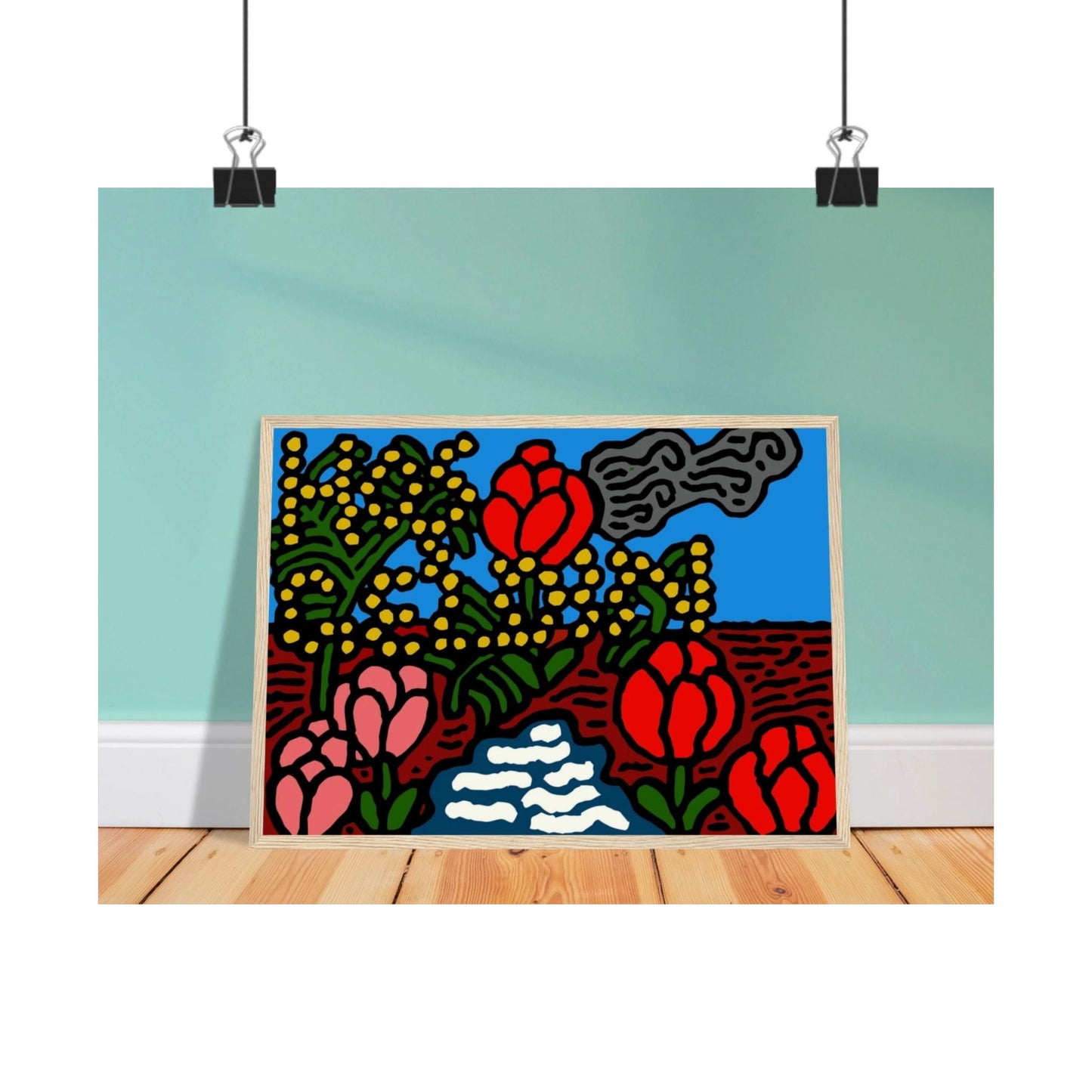 A field of tulips next to a wattle Matte Poster Horizontal (Small)