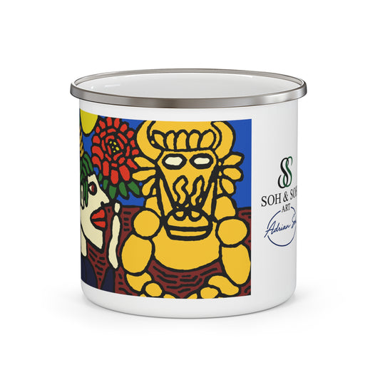 Enamel Camping Mug — Colorful Folk Art Totem Design, Outdoor Coffee Cup - The warrior hailing the mighty golden dragon