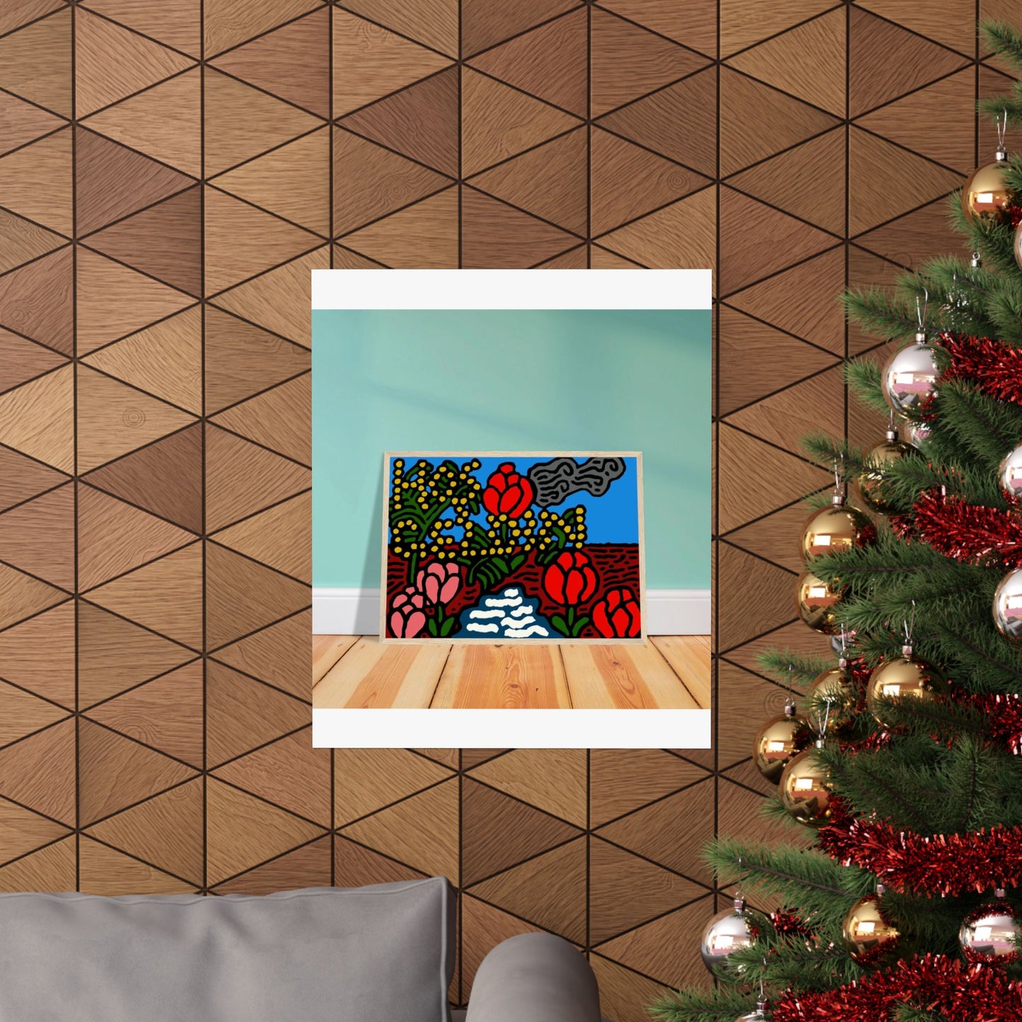A field of tulips next to a wattle Matte Poster Vertical (Large)