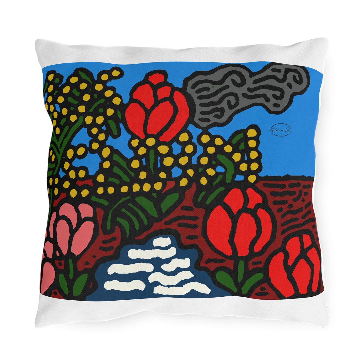 A field of tulips next to a wattle — Outdoor Pillow