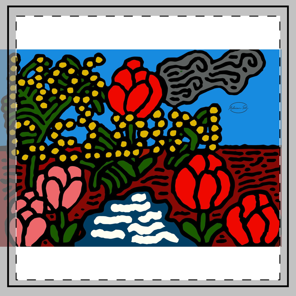 A field of tulips next to a wattle — Throw Pillow