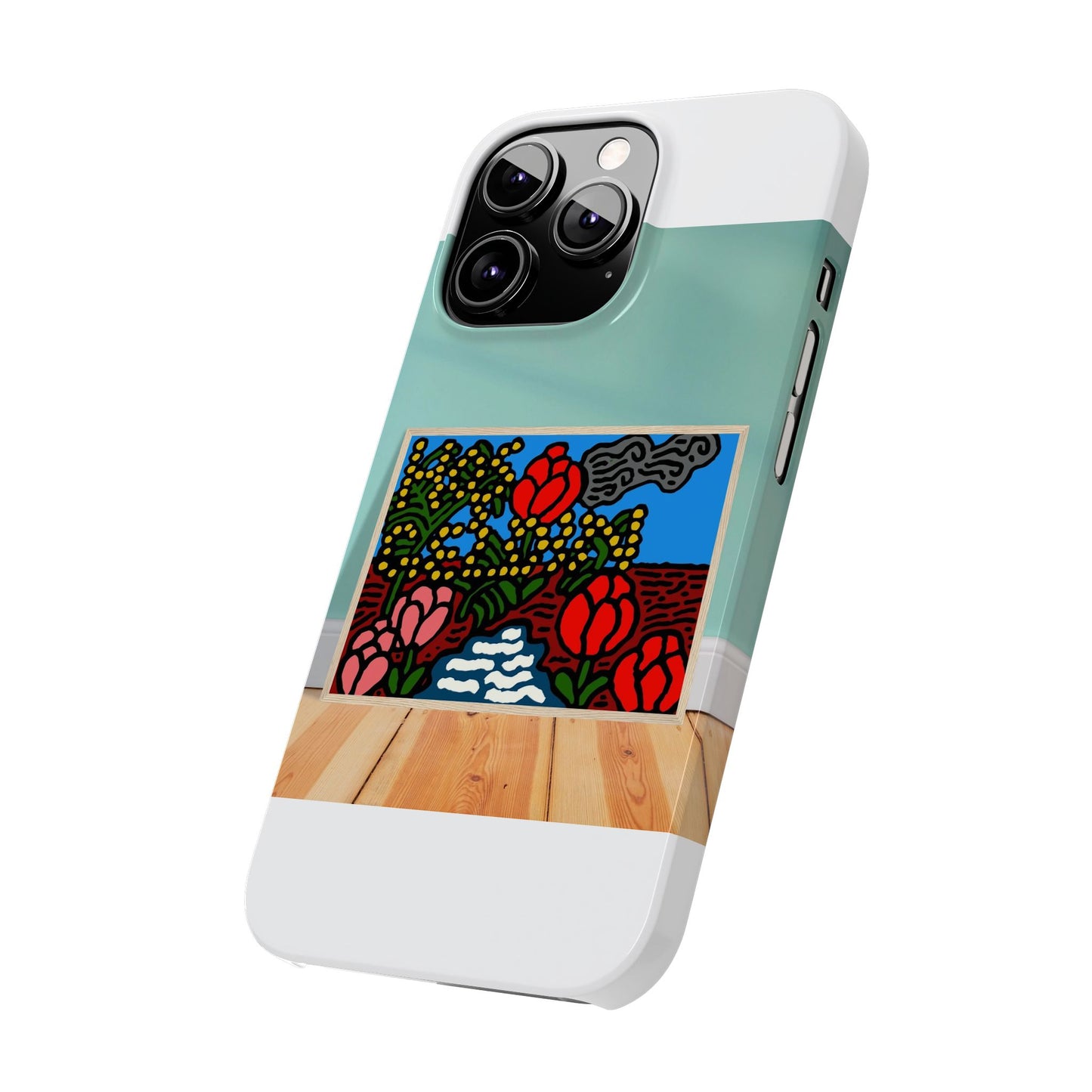 A field of tulips next to a wattle Slim Phone Case