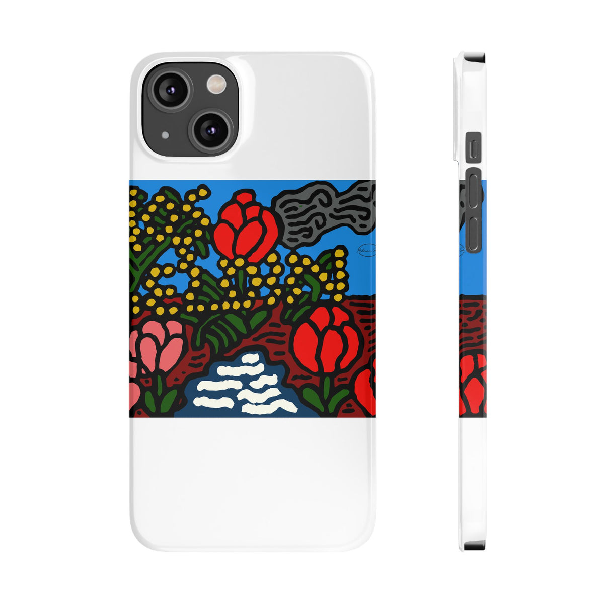 A field of tulips next to a wattle Slim Phone Case