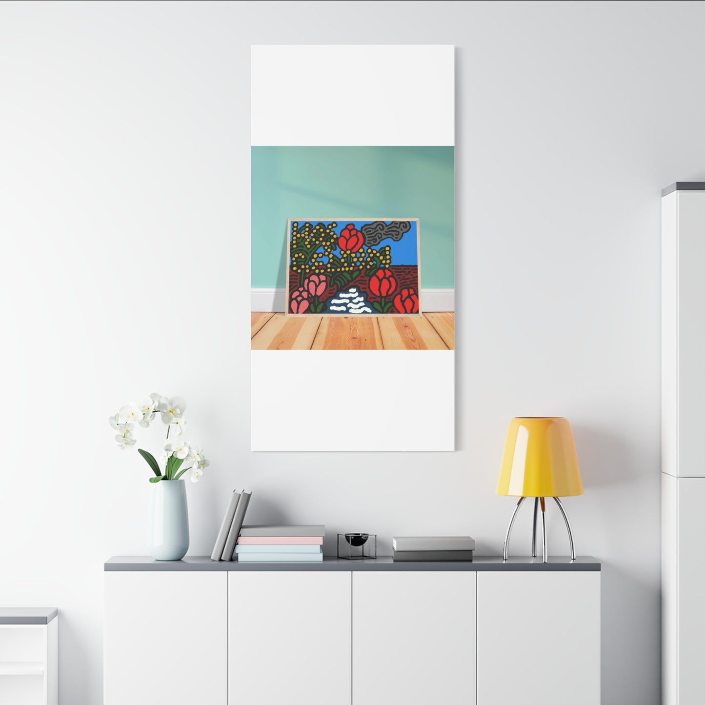 A field of tulips next to a wattle Canvas (Large)