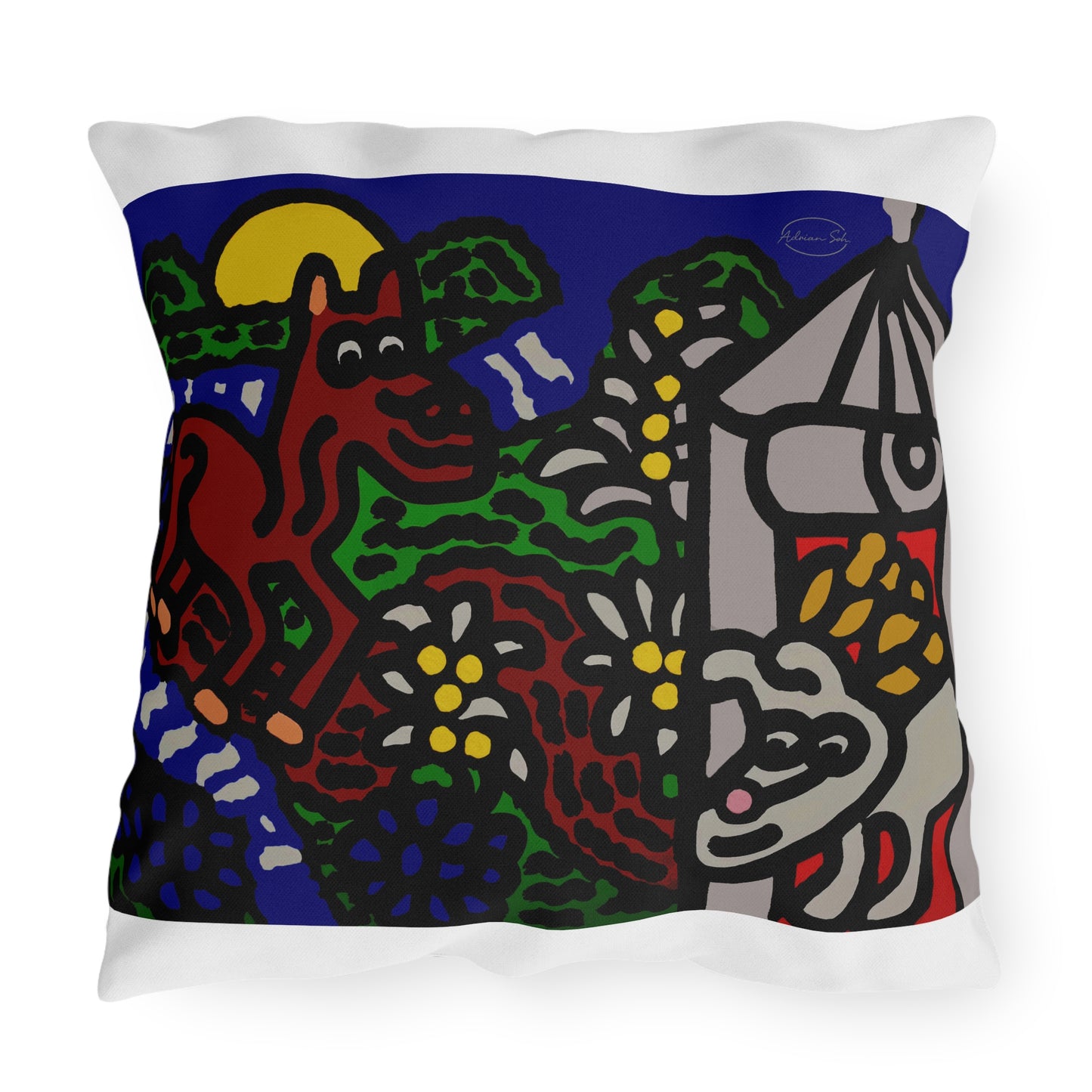 Bunny welcoming a friendly horse on his journey — Outdoor Pillow