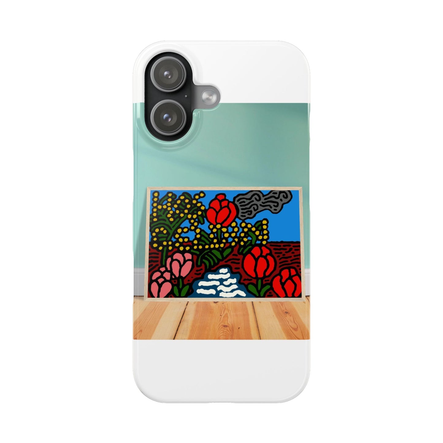 A field of tulips next to a wattle Slim Phone Case