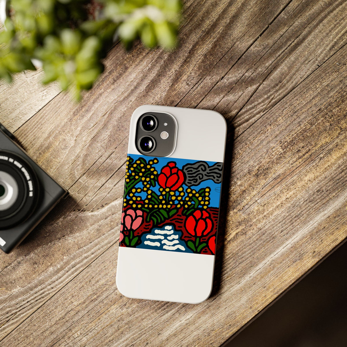 A field of tulips next to a wattle Slim Phone Case