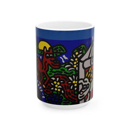Bunny welcoming a friendly horse on his journey Ceramic Mug