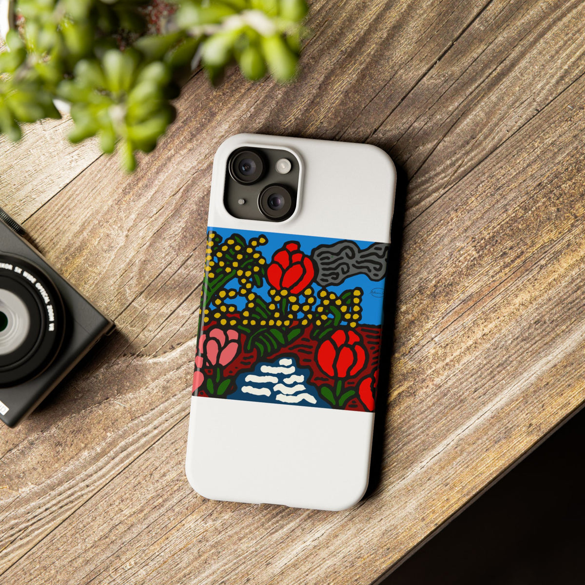 A field of tulips next to a wattle Slim Phone Case