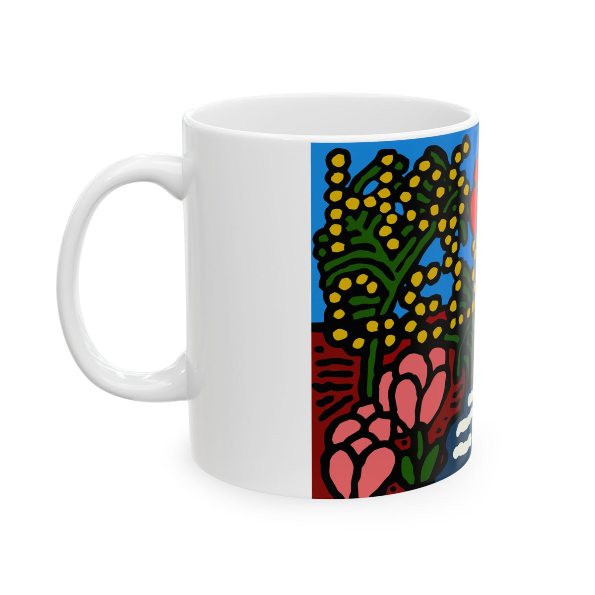 A field of tulips next to a wattle Ceramic Mug