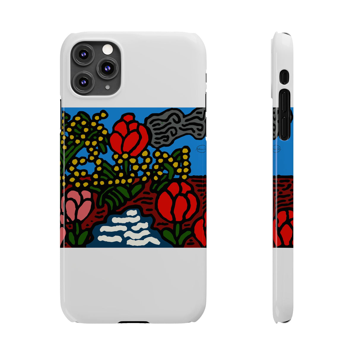 A field of tulips next to a wattle Slim Phone Case