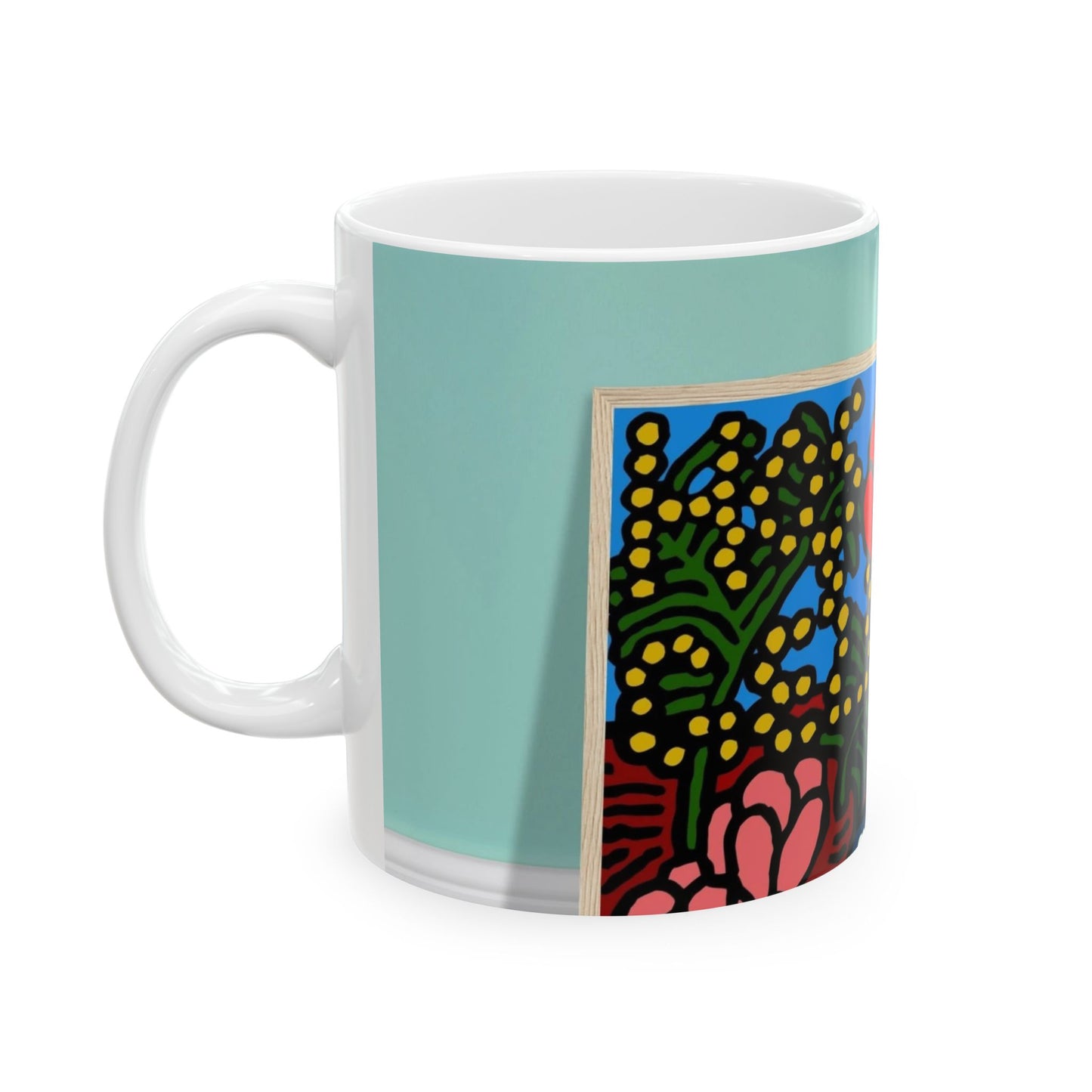 A field of tulips next to a wattle Ceramic Mug