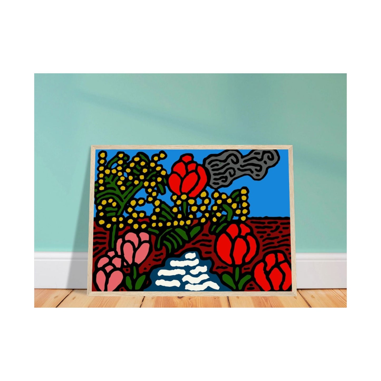 A field of tulips next to a wattle Matte Poster Horizontal (Small)