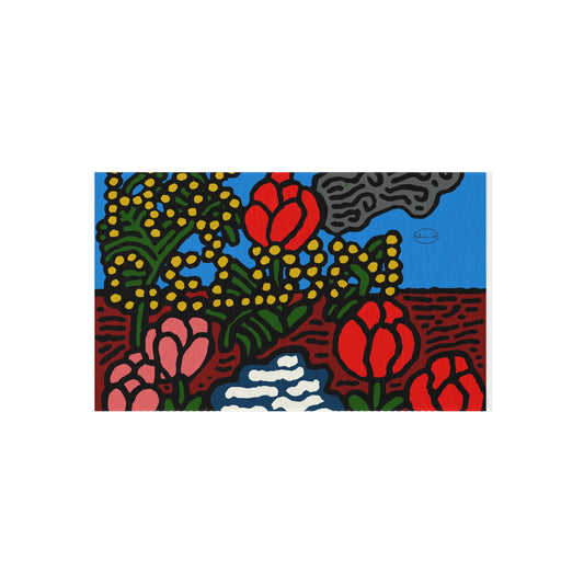 A field of tulips next to a wattle — Outdoor Rug
