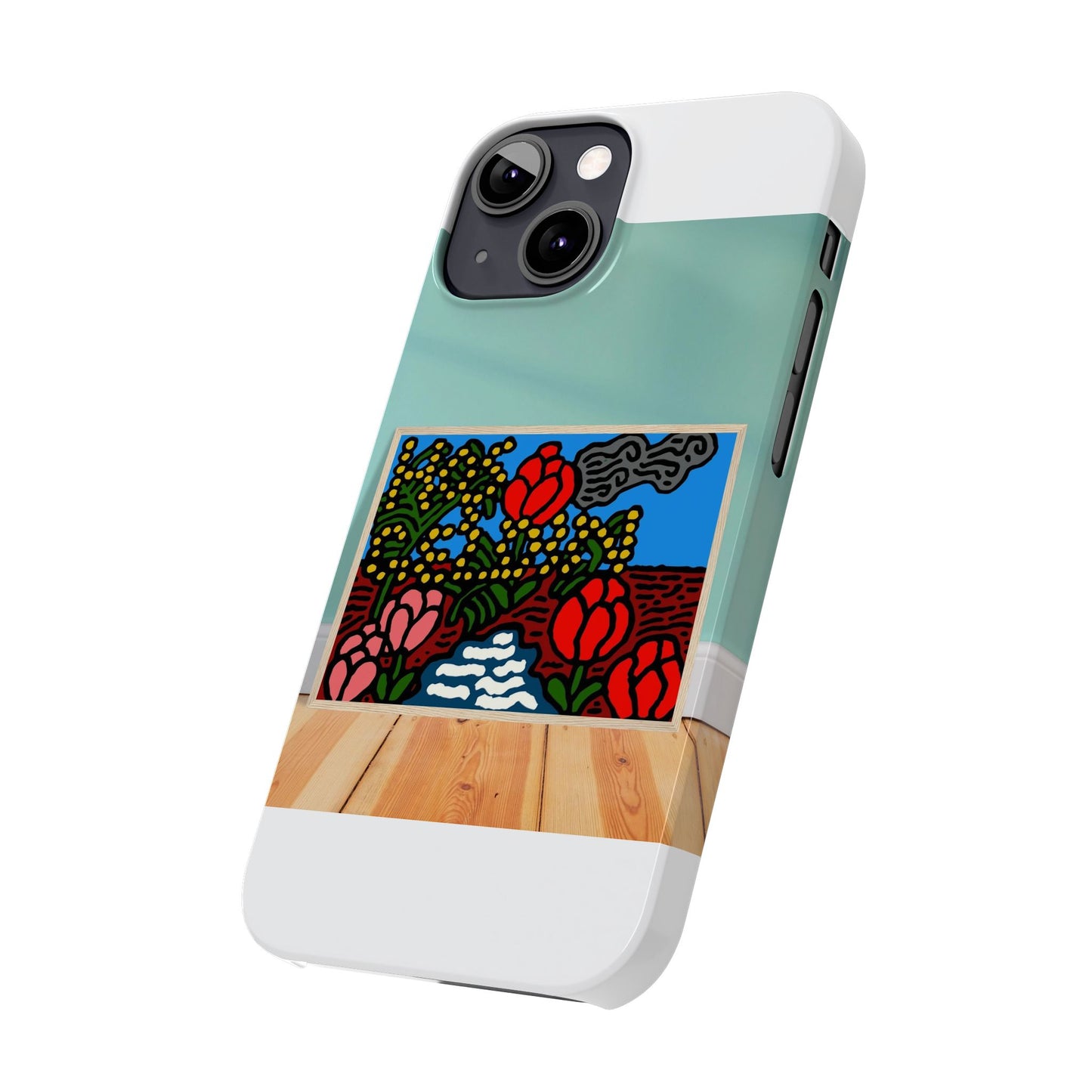 A field of tulips next to a wattle Slim Phone Case
