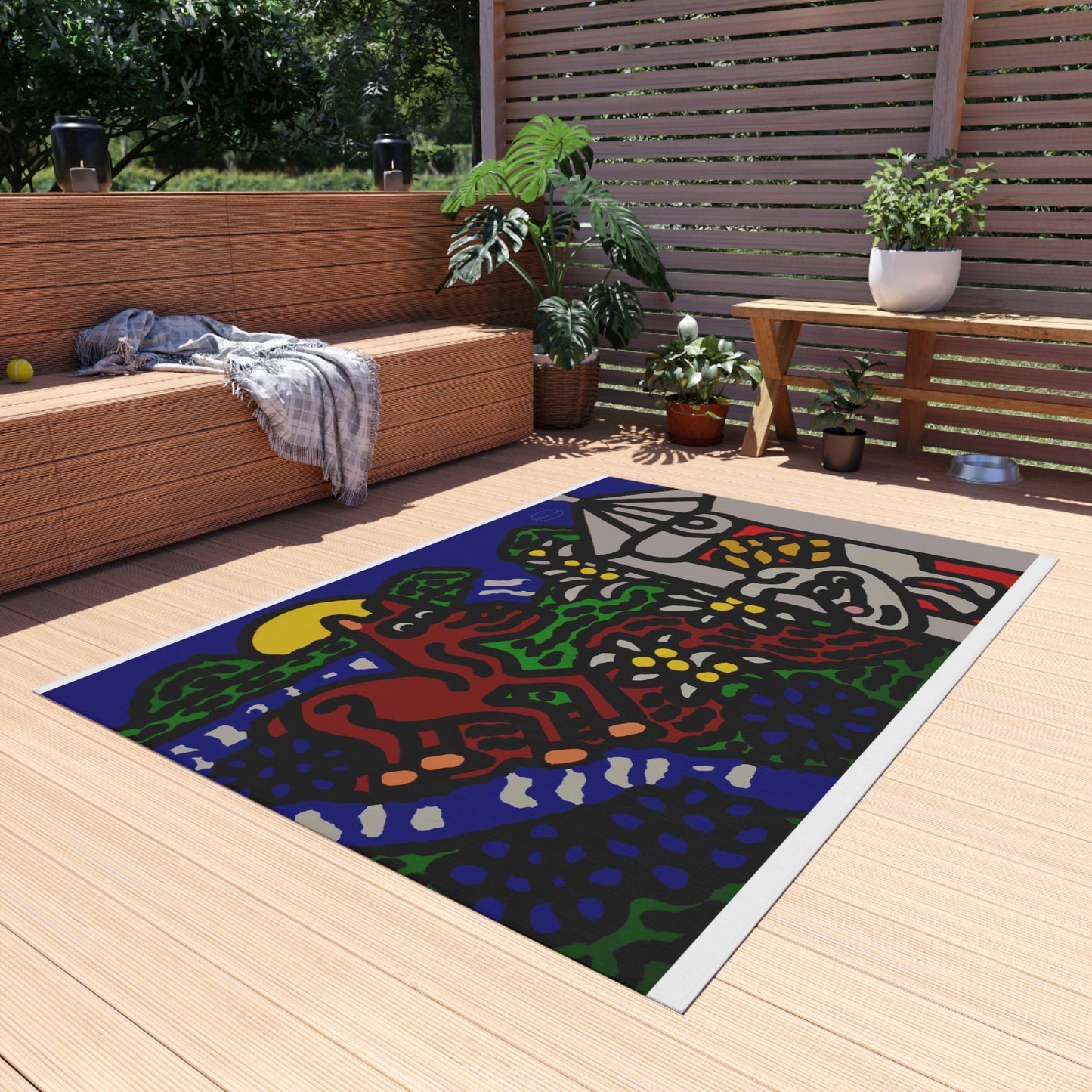 Bunny welcoming a friendly horse on his journey — Outdoor Rug
