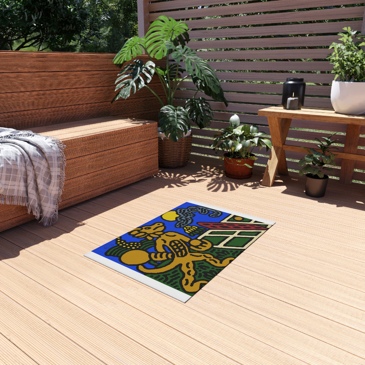 Blue Fiesta Outdoor Rug — Colorful Aztec Dog Design Doormat - Ready for making big serves in life