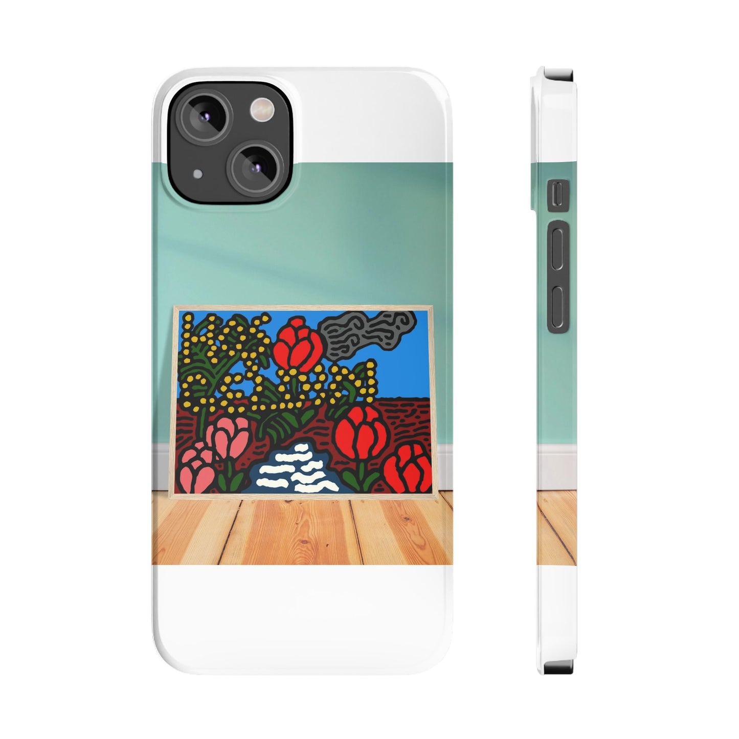 A field of tulips next to a wattle Slim Phone Case