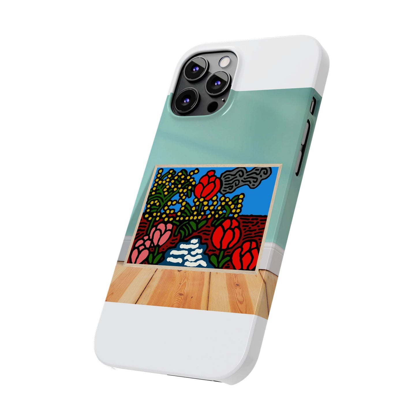 A field of tulips next to a wattle Slim Phone Case