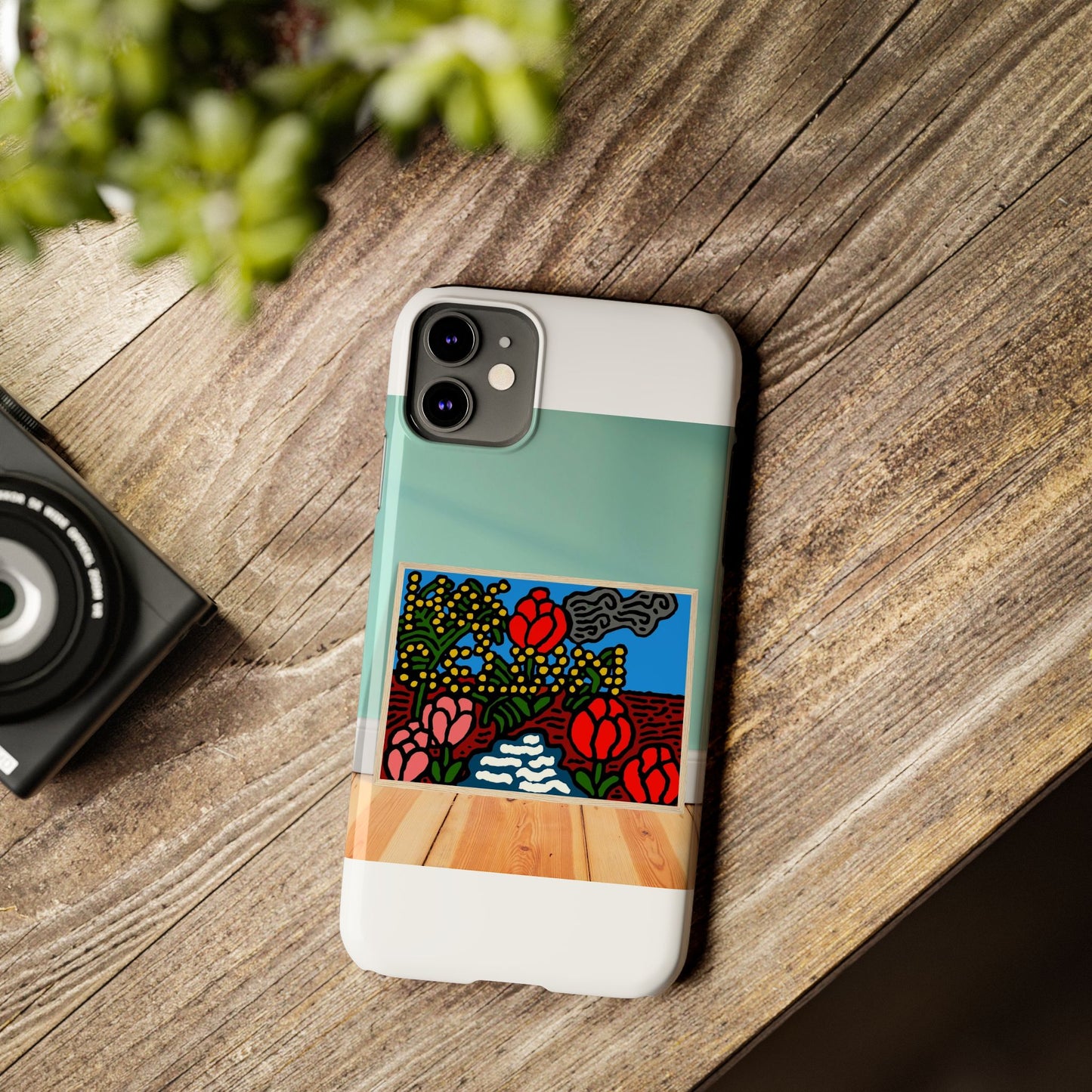 A field of tulips next to a wattle Slim Phone Case